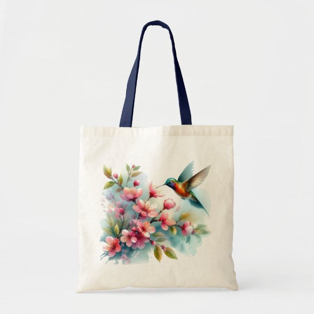 Bolso De Tela Obra artística de colibrí floral/primavera (Frente)
