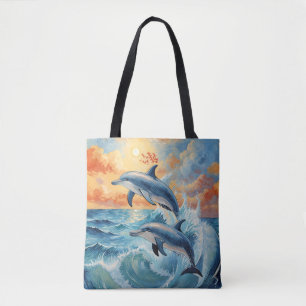 Bolso De Tela Océano atardecer artístico de dos delfines saltand