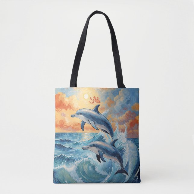 Bolso De Tela Océano atardecer artístico de dos delfines saltand (Anverso)