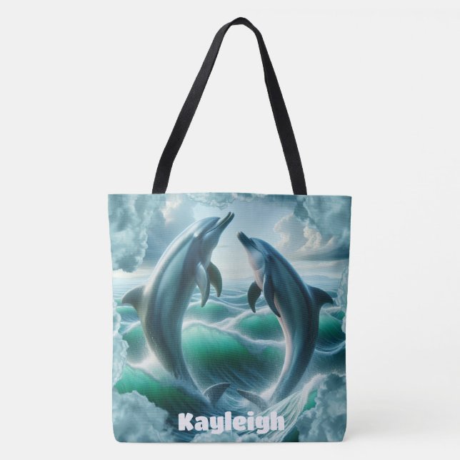 Bolso De Tela Océano delfines Verde azulados azul monograma | (Anverso)