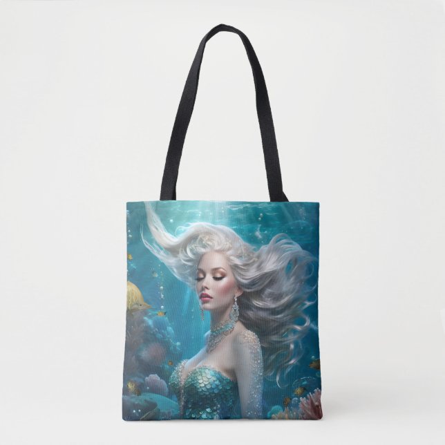 Bolso De Tela Océano turquesa de pelo plateado de sirena (Anverso)