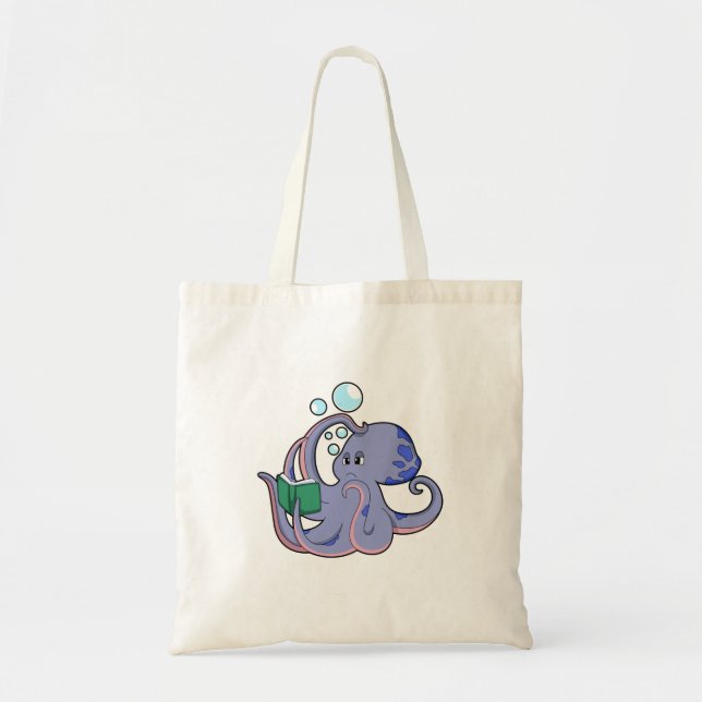 Bolso De Tela Octopus al leer con un libro (Frente)