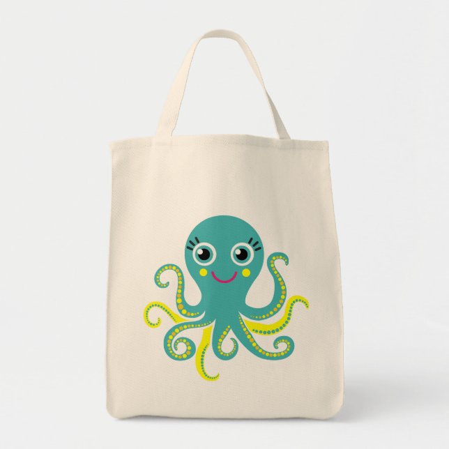 Bolso De Tela Octopus azul y amarillo (Frente)