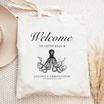 Bolso De Tela Octopus de bienvenida de boda de destino de acuari<br><div class="desc">Este hotel de bodas o bolsa de favores de acuario presenta un ilustracion vintage de un octopo bajo la palabra "bienvenido" en un guión elegante. Personalízalo con la ubicación de su boda,  los nombres de la novia y del novio y la fecha del boda.</div>