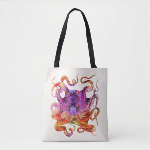 Bolso De Tela Octopus retro vintage tinte color de agua morado