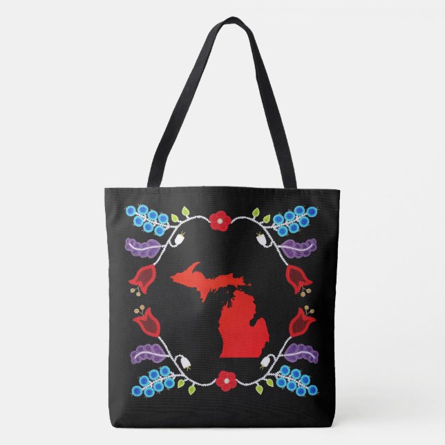 Bolso De Tela Ojibwe Floral Motif Michigan Black (Anverso)