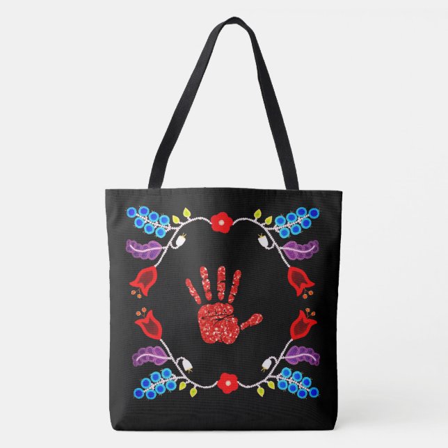 Bolso De Tela Ojibwe Floral Motif MMIW Black (Anverso)