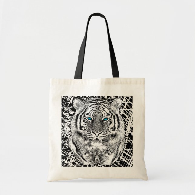 Bolso De Tela Ojos azules negros y blancos cara de tigre salvaje (Frente)