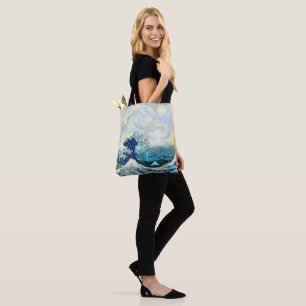 BOLSO DE TELA OLA DE KANAGAWA EN FONDO DE NOCHE ESTRELLADA