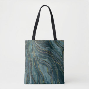 Bolso De Tela Olas abstractas de acuarela en azul turquesa y oro