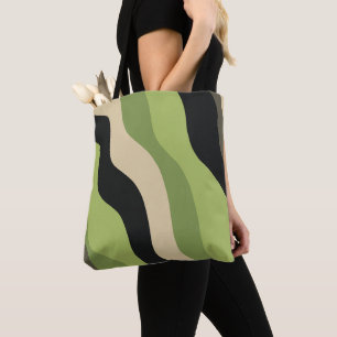 Bolso De Tela olas, curvas verdes, negras y beige coloridas