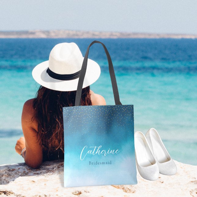 Bolso De Tela Olas De Acuarela Azul Oceánico Con Boda De Monogra (Subido por el creador)