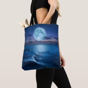 Bolso De Tela Olas del océano iluminadas por la luna con luna ll