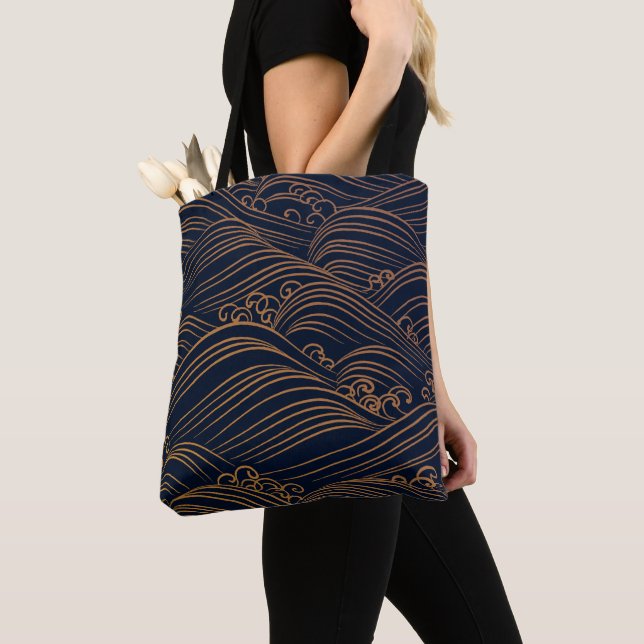 Bolso De Tela Olas japonesas patrón azul oscuro y oro (Detalle)
