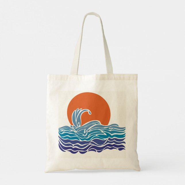 Bolso De Tela Olas oceánicas retro y puesta de sol (Reverso)