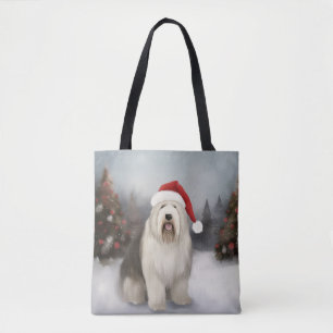 Bolso De Tela Old English Sheepdog en Navidad con nieve
