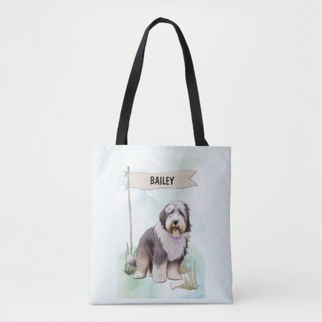 Bolso De Tela Old English Sheepdog Watercolor Personalized Dog (Anverso)