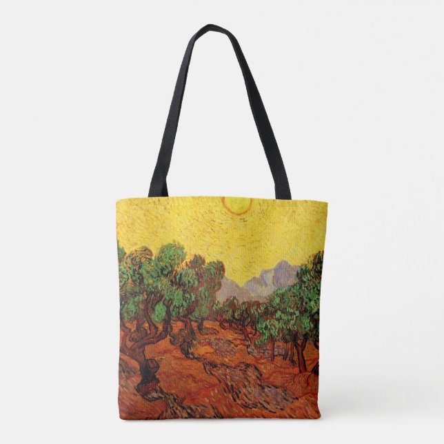 Bolso De Tela Olivos de Van Gogh con cielo amarillo y sol (Reverso)