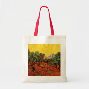 Bolso De Tela Olivos Van Gogh con cielo y sol amarillos