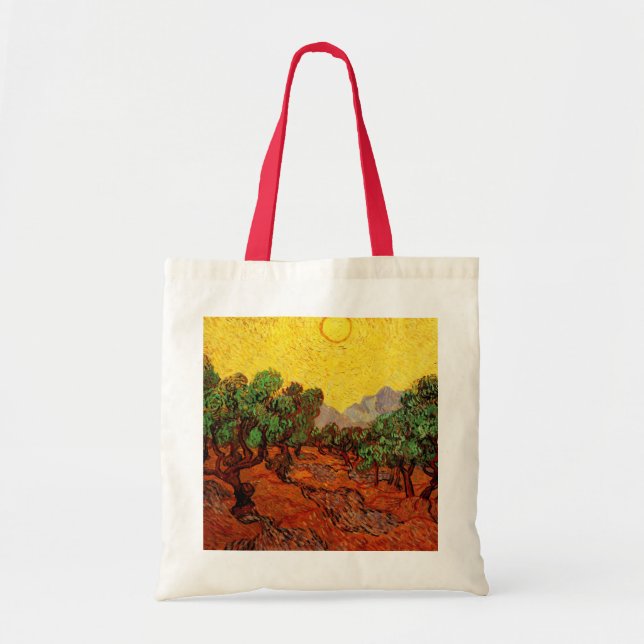 Bolso De Tela Olivos Van Gogh con cielo y sol amarillos (Frente)