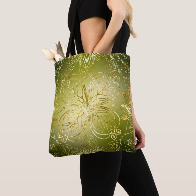 BOLSO DE TELA OMBRE VERDE Y AMARILLO CON MANDALA ORO (Detalle)