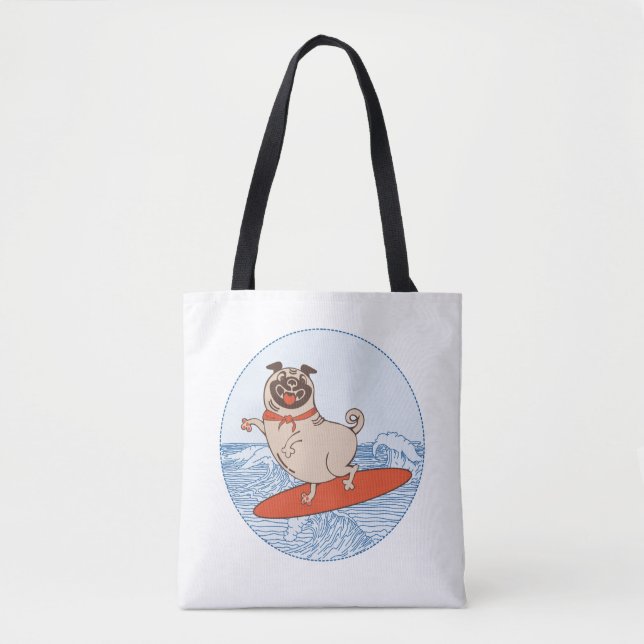 Bolso De Tela Onda montando perro de cerdo feliz en la tabla de  (Anverso)