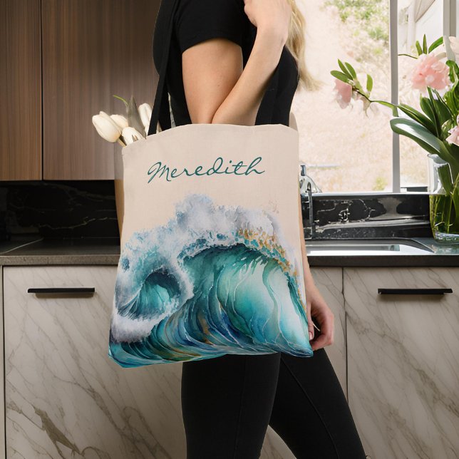 Bolso De Tela Onda verde azul del océano con monograma (Subido por el creador)