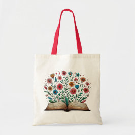 Bolso De Tela Open Book Drawing with colorful flower blooming