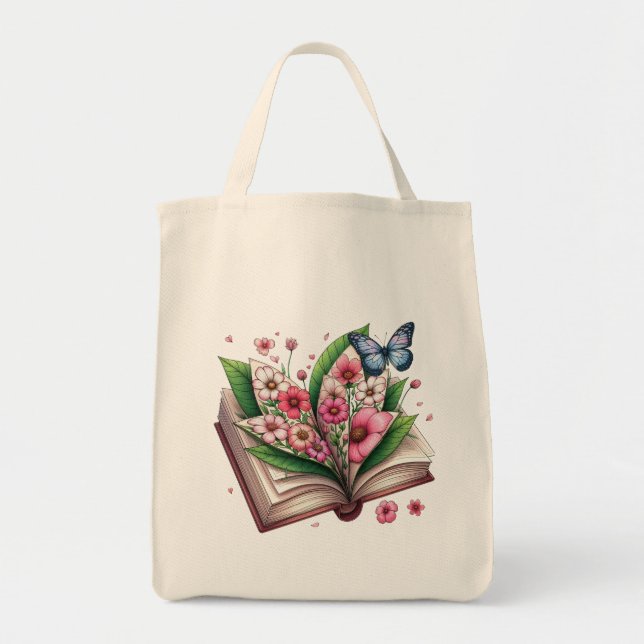 Bolso De Tela Open book drawing with flower and butterfly (Frente)