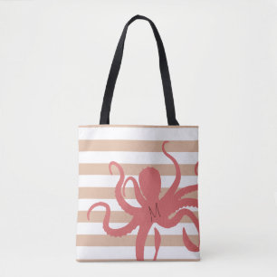 Bolso De Tela Opulpo rojo playa moderna arena blanca rayada