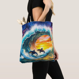 Bolso De Tela Orcas En Un Diseño De Barril De Onda Por Rich AMeN