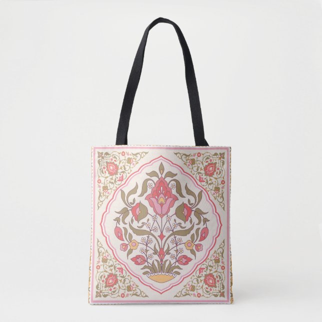 Bolso De Tela Oriental Ornate: Diseño Floral. (Anverso)