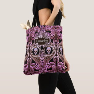 Bolso De Tela Ornamento rosado del gótico con el cráneo