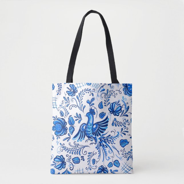 Bolso De Tela Ornamento ruso azul y blanco  (Anverso)
