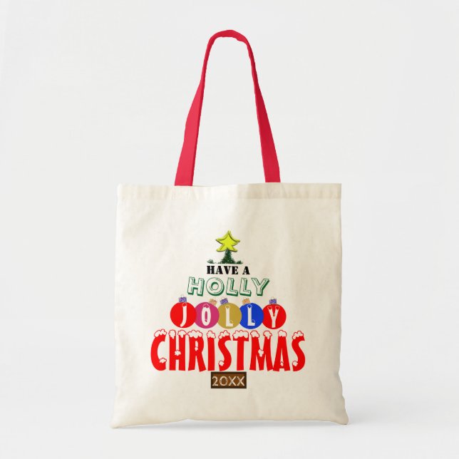 Bolso De Tela Ornamentos navideños alegres reversibles (Frente)