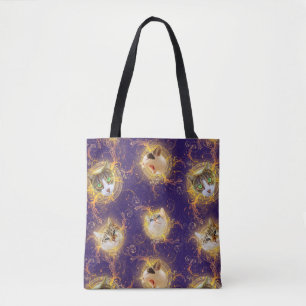 Bolso De Tela Ornate Floral Damask Cute Kitty Cat - Púrpura real