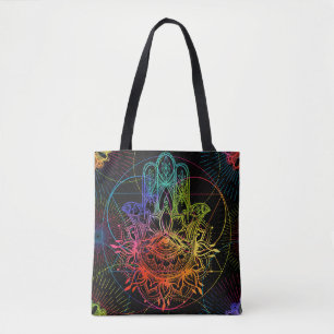 Bolso De Tela Ornate hamsa: patrón de neón dibujado a mano.