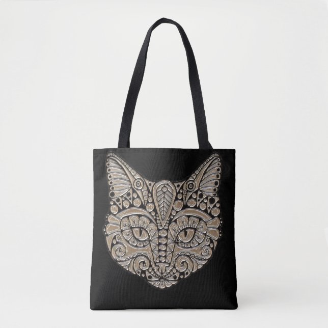 Bolso De Tela Oro Art Déco y gato negro de estilo egipcio (Anverso)