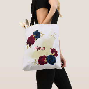 Bolso De Tela oro azul marino y flores rojas