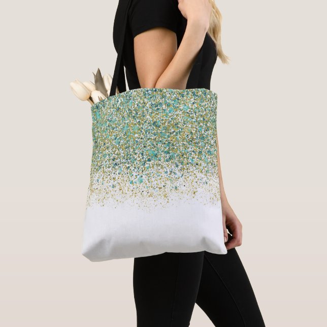 Bolso De Tela Oro Blanco y Azul Teal con Brillo Glam Moderno Cos (Detalle)