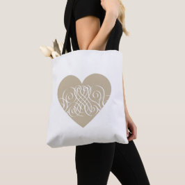 Bolso De Tela Oro bonito / corazón beige con filigrana blanca
