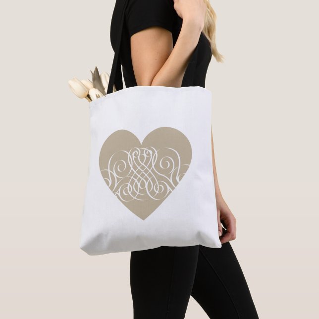 Bolso De Tela Oro bonito / corazón beige con filigrana blanca (Detalle)
