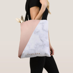 Bolso De Tela Oro color de rosa de mármol blanco geométrico de
