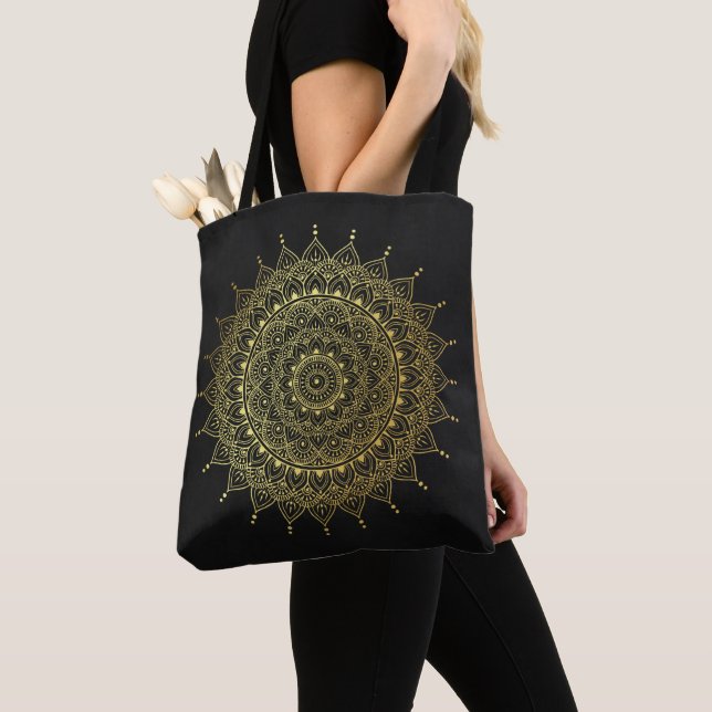 Bolso De Tela Oro elegante en floral negro suave Henna Mandala (Detalle)