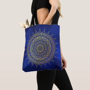 Bolso De Tela Oro elegante en la floral azul profundo Henna Mand