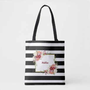 Bolso De Tela Oro floral blanco negro a rayas Personalizado