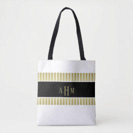 Bolso De Tela Oro Negro Monograma de Raya Blanca