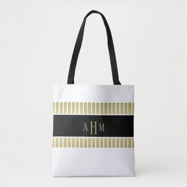 Bolso De Tela Oro Negro Monograma de Raya Blanca (Anverso)