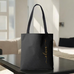 Bolso De Tela Oro Negro Nombre Blanco Script Monograma Moderno