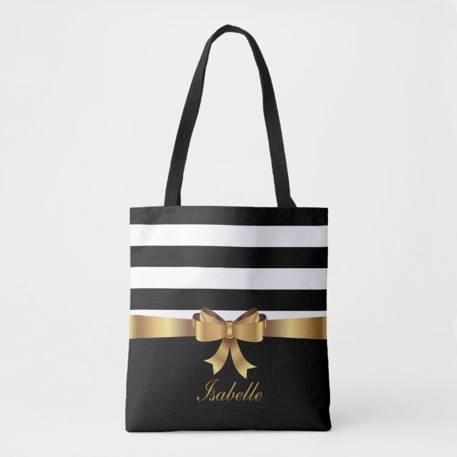 Bolso De Tela Oro personalizado, franjas negrita negras ELEGANTE (Anverso)